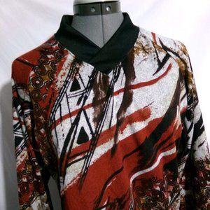 Abstract artsy print Jersey knit V-neck sweater top L Rust brown Black Gray LS
